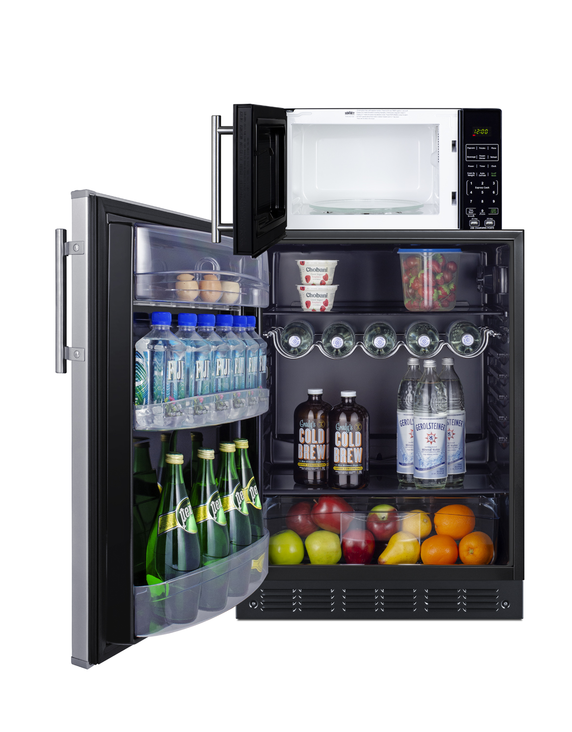 Counter height all-refrigerator with stainless steel door and compact microwave in black with allocator and USB ports for 1-plug operation; ships in three boxes on one pallet